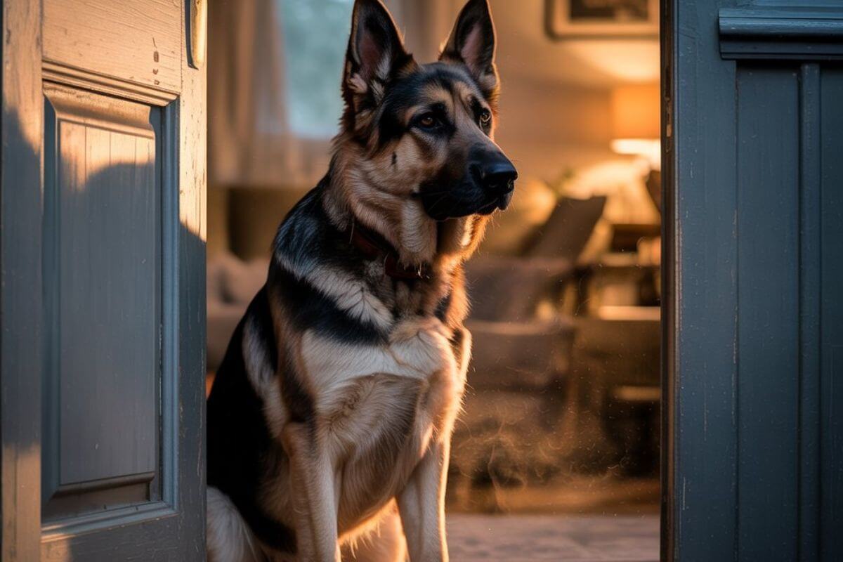 Berger allemand assis derrière une porte entrouverte, fixant son maître avec un regard intense et attentif.
