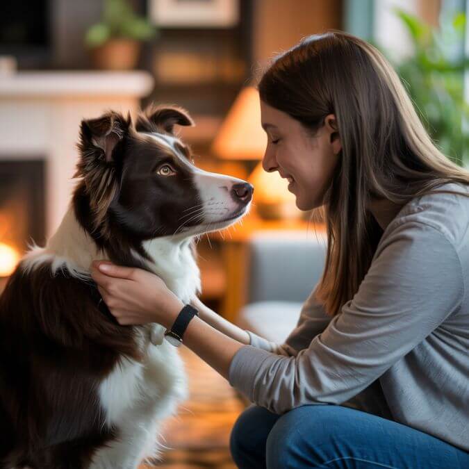 Border Collie assis face à son maître, échangeant un regard tendre et complice, les fronts presque collés.