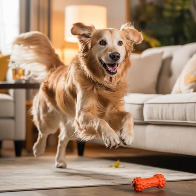 Golden Retriever bondissant de joie dans un salon, la queue agitée, les yeux brillants, devant un canapé et un jouet abandonné.