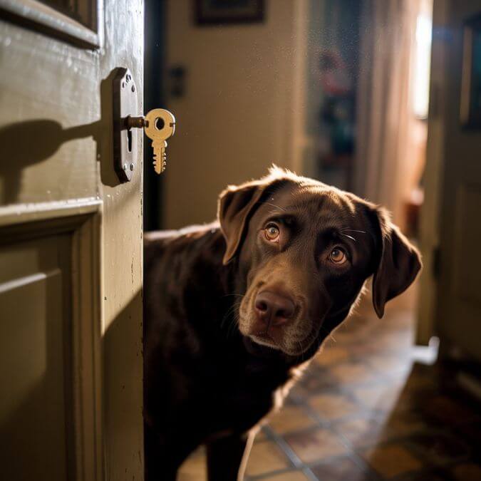 Labrador chocolat assis dans un couloir, regard tourné vers la porte dans l’attente du retour de son maître.