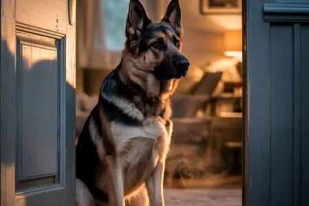 Berger allemand assis derrière une porte entrouverte, fixant son maître avec un regard intense et attentif.