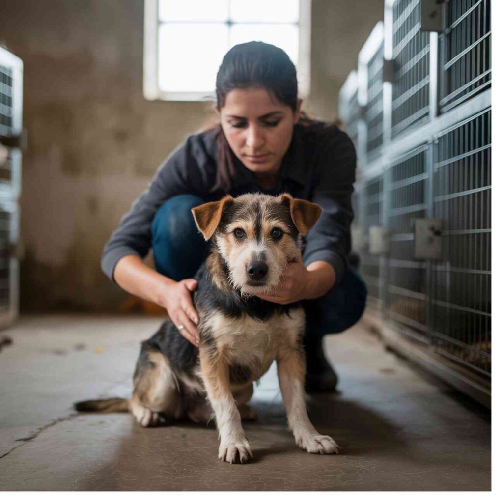 Une femme agenouillée dans un refuge, tenant un chien à l’air inquiet, entre deux rangées de cages.