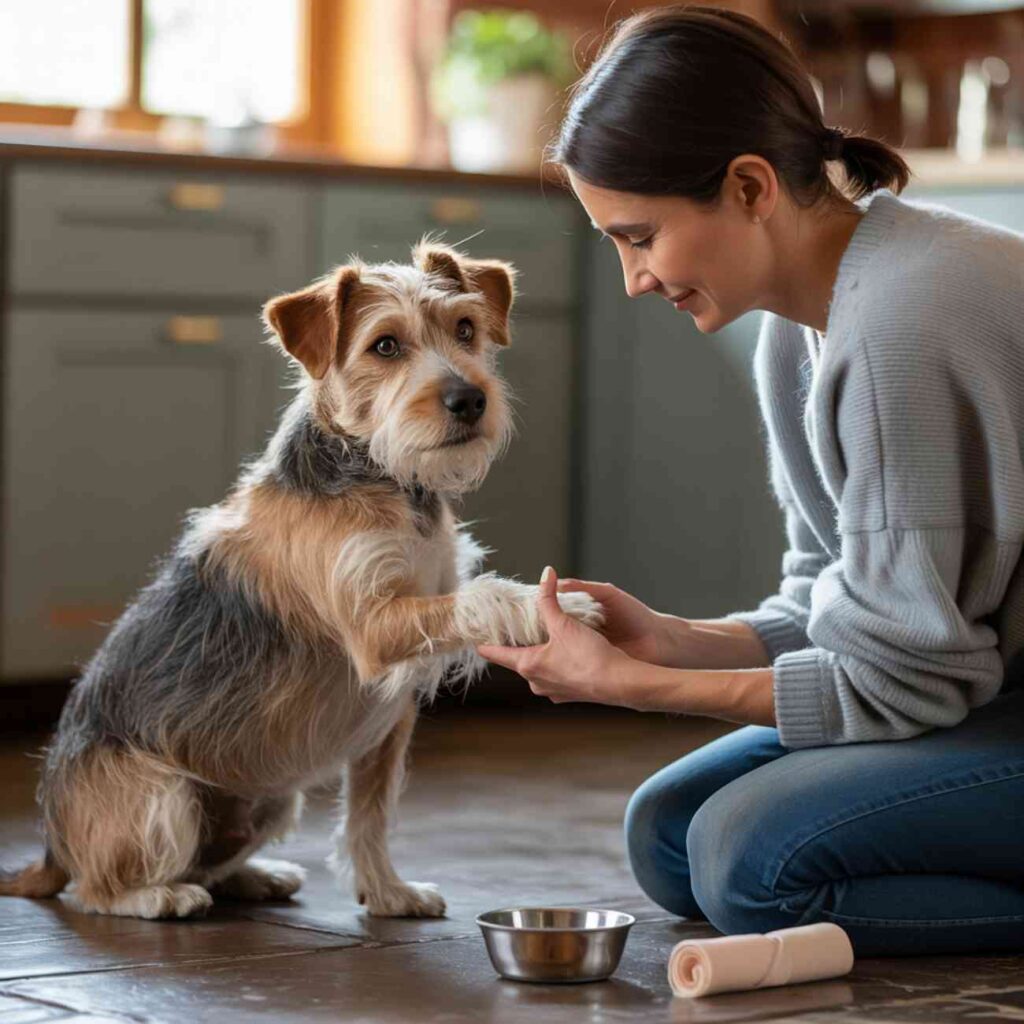 Une femme souriante soigne la patte d’un chien attentif dans une cuisine chaleureuse.