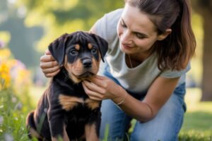 Femme brune caressant un chiot rottweiler noir et feu assis dans un parc, ambiance chaleureuse et rassurante.