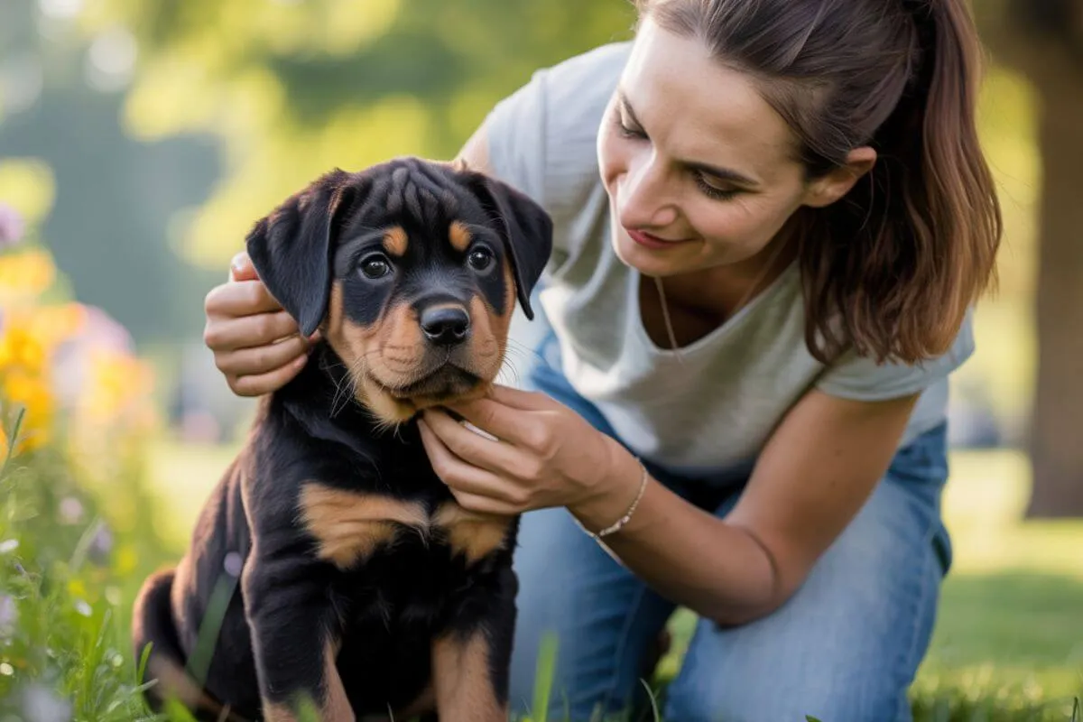 Femme brune caressant un chiot rottweiler noir et feu assis dans un parc, ambiance chaleureuse et rassurante.