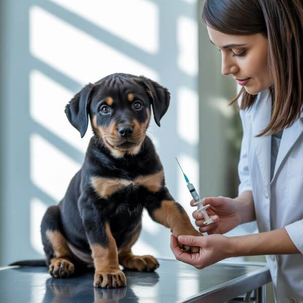 Vétérinaire administrant un vaccin à un chiot rottweiler noir et feu sur une table d’examen.