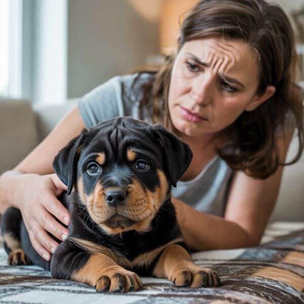 Femme brune inquiète caressant un chiot rottweiler couché sur un plaid, l’air fatigué.