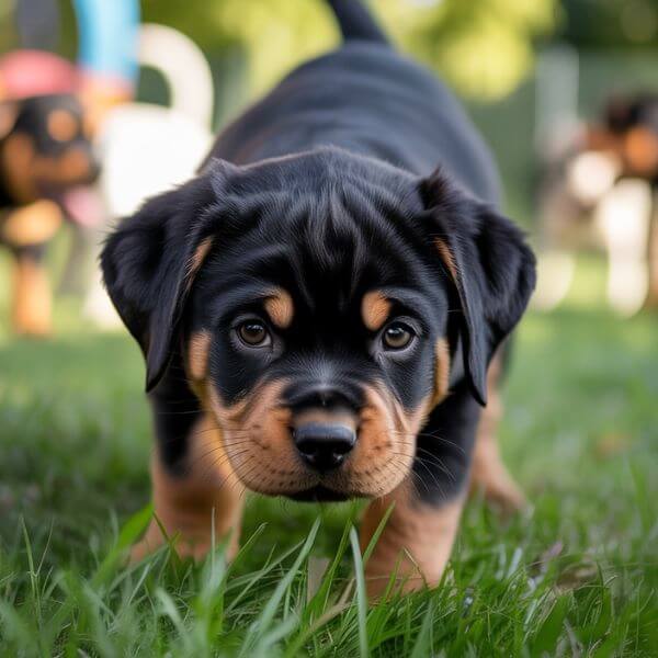 Chiot rottweiler noir et feu reniflant l’herbe dans un parc, attentif à son environnement.