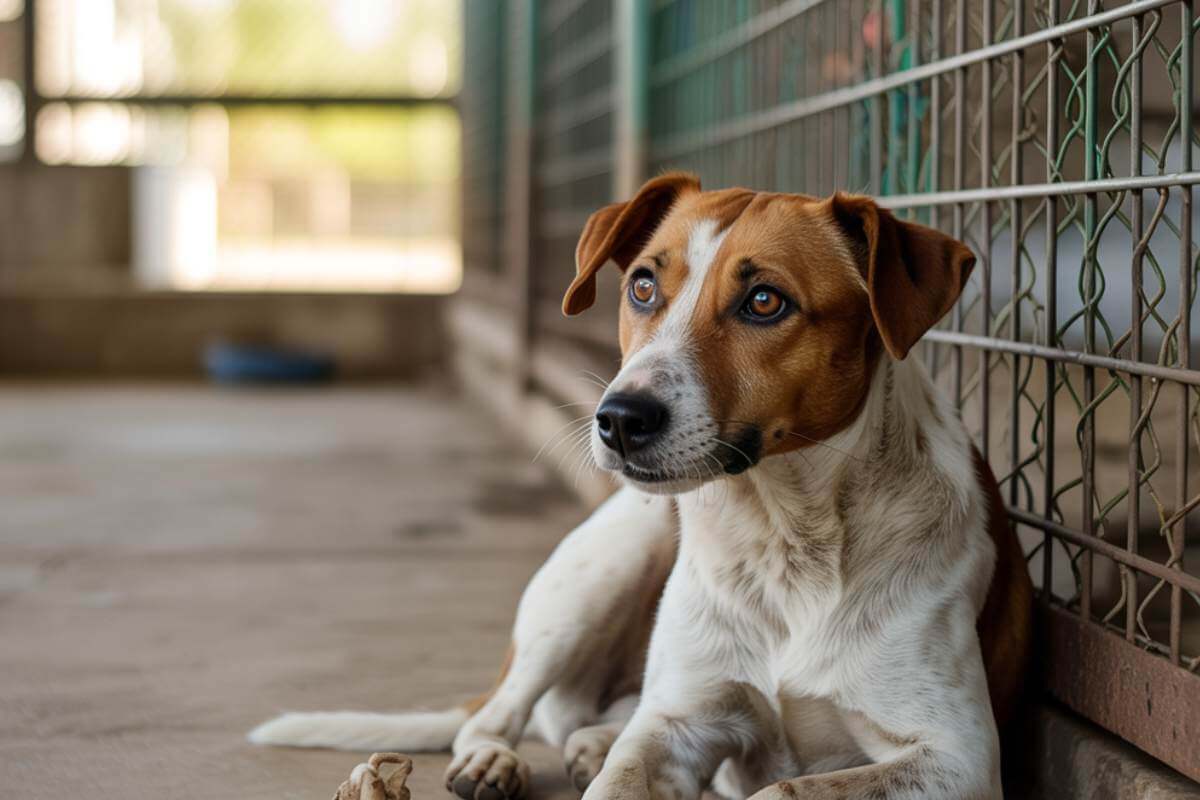 Chien seul allongé derrière une grille de refuge, regard tourné vers l’extérieur