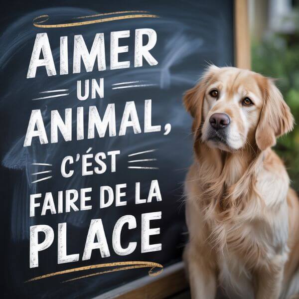 Chien debout devant un panneau où il est écrit “Aimer un animal, c’est faire de la place”