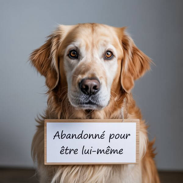 Portrait d’un chien tenant une pancarte “Abandonné pour être lui-même”