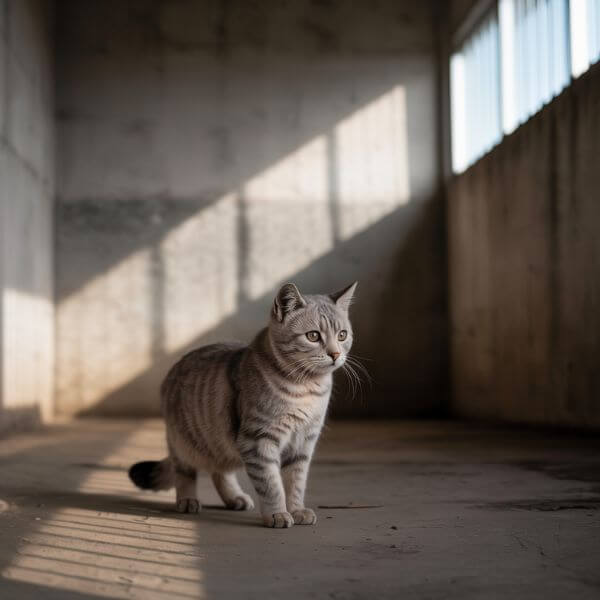 Chat assis seul dans une pièce vide, éclairé par un rayon de lumière