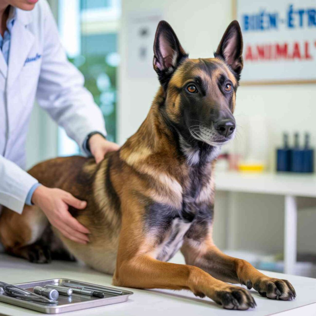 Chien malinois allongé sur une table d’examen vétérinaire, manipulé par un professionnel en blouse blanche