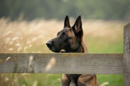 Chien malinois derrière une clôture en bois dans un champ, regard attentif vers l’horizon