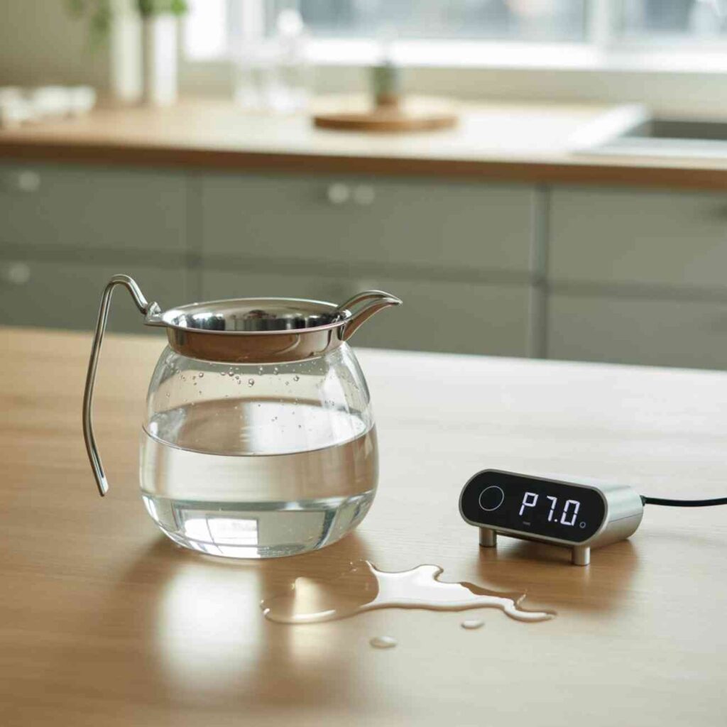 Pichet d’eau sur un plan de travail avec un appareil de mesure de qualité d’eau affichant un pH de 7.0