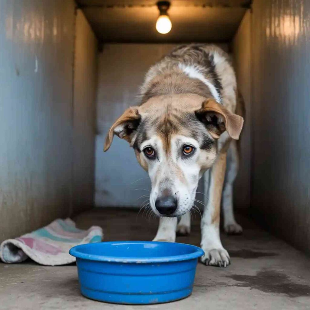 Chien au regard inquiet dans un box, debout près d’une gamelle bleue posée sur le sol