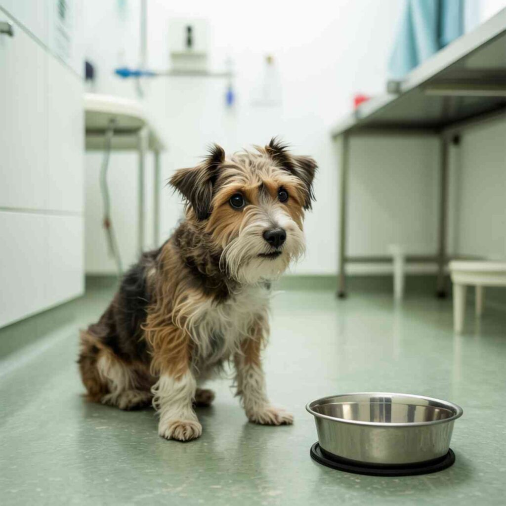 Petit chien assis dans une salle vétérinaire, regardant une gamelle en inox posée au sol