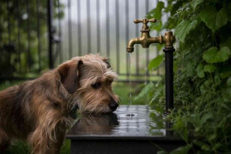 Chien à poil dur buvant l’eau qui coule lentement d’un vieux robinet en laiton, dans un jardin verdoyant