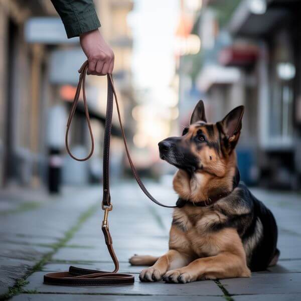 Une main lâche la laisse d’un chien assis au sol, illustrant le poids de l’attachement et la symbolique de l’abandon.