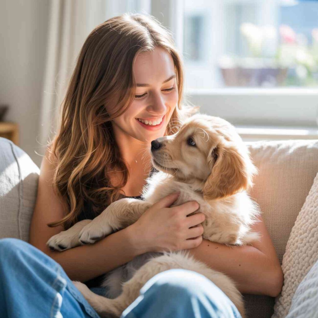 Jeune femme souriante assise dans son salon, tenant un chiot doré dans ses bras et le regardant avec tendresse.
