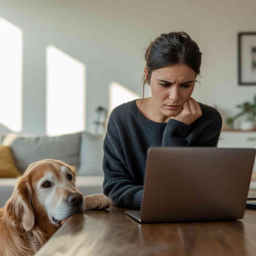 Femme assise devant un ordinateur portable, l’air préoccupé, pendant que son chien doré pose la tête sur la table en la regardant avec insistance.