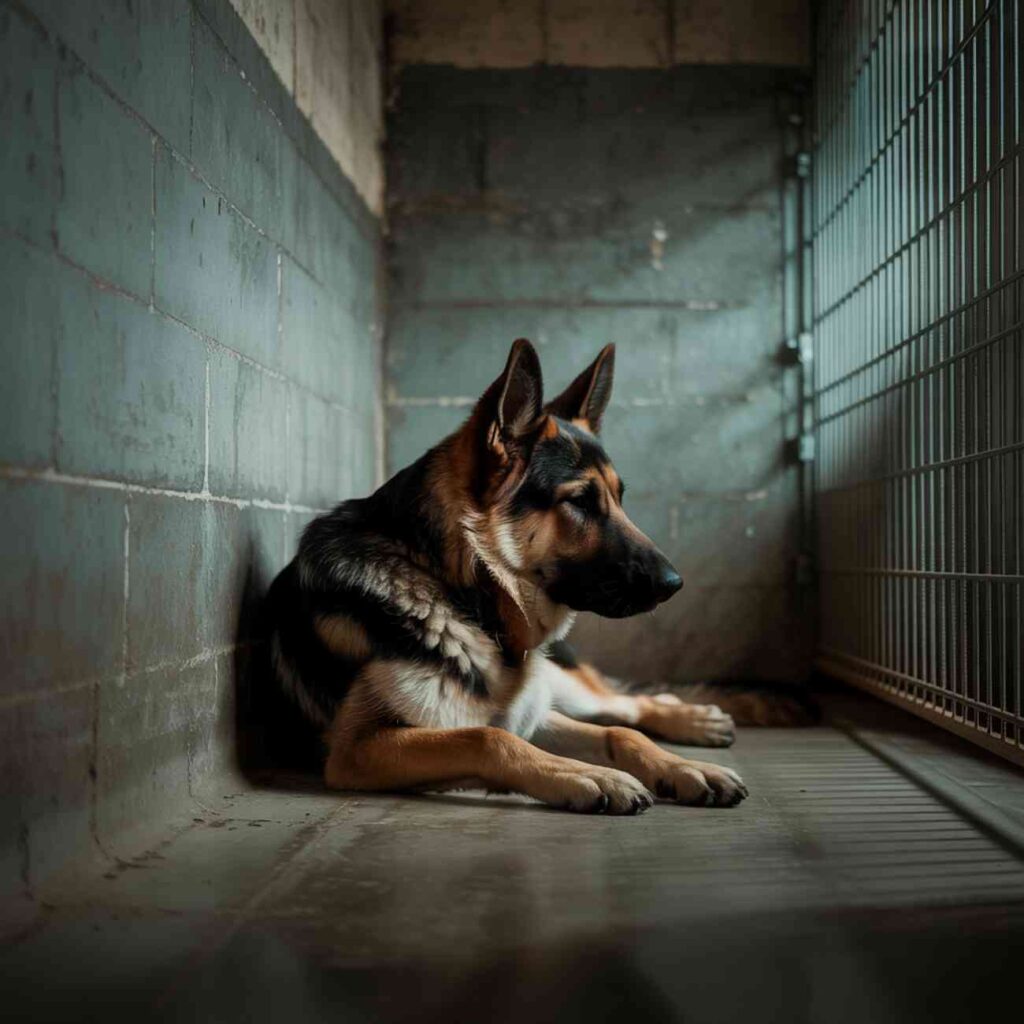 Berger allemand adulte allongé dans un box de refuge, regard baissé et expression triste, entouré de murs gris et de grilles métalliques.