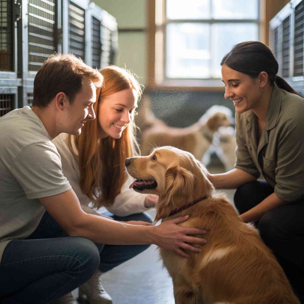 Couple souriant caressant un chien doré dans un refuge, accompagné d’une bénévole, moment d’échange chaleureux dans l’espace d’adoption.