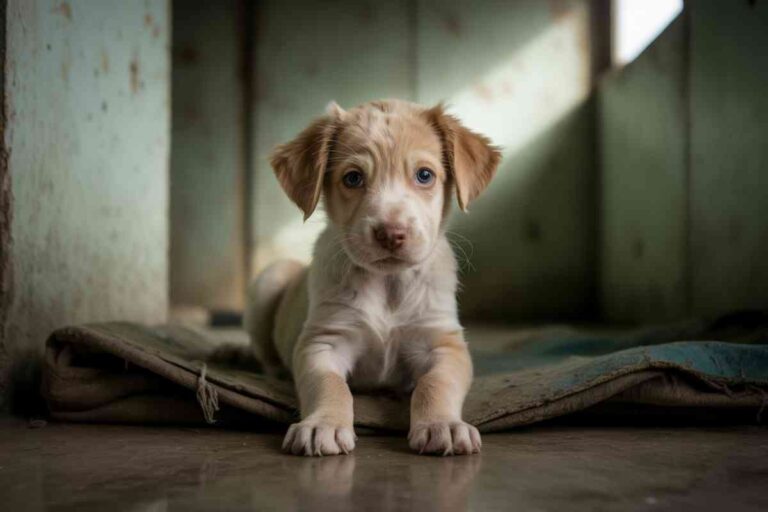 Petit chiot beige et blanc aux yeux bleus, allongé sur un vieux tapis dans un refuge, le regard triste fixé vers l’objectif.