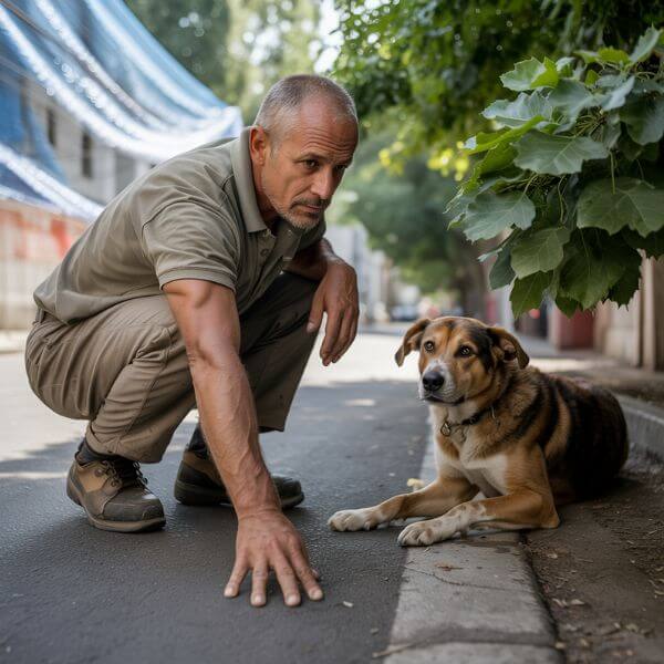 Éducateur canin accroupi à l’ombre, tendant la main vers un chien assis sur le trottoir, par forte chaleur.