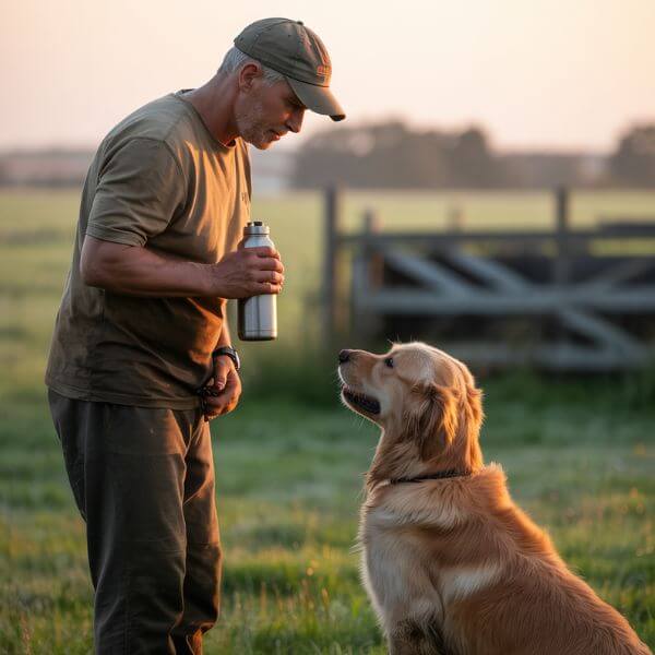 Éducateur canin donnant de l’eau à un chien assis dans un champ au lever du soleil.