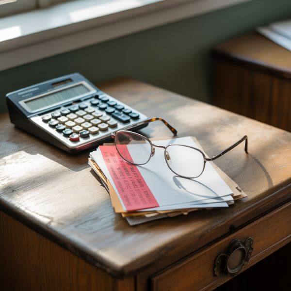 Bureau en bois avec une calculatrice, des lunettes et des documents marqués en rouge, symbolisant des rendez-vous annulés.