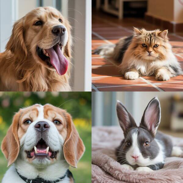 Montage photo montrant un chien, un chat, un lapin et un autre chien haletant, tous affectés par la chaleur estivale