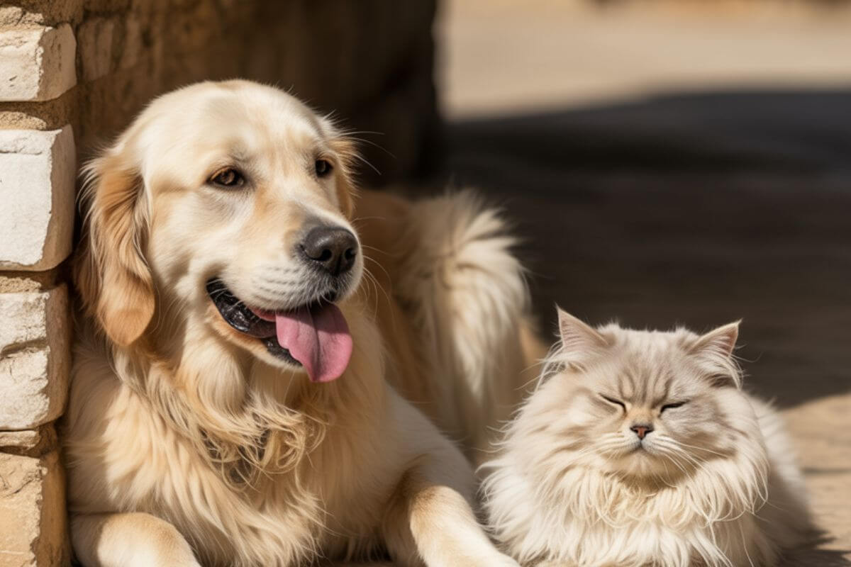 Chien et chat allongés à l’ombre par forte chaleur, signe de protection contre la canicule