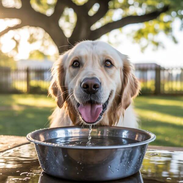 Chien buvant de l’eau fraîche dans une gamelle pour se protéger de la chaleur extrême