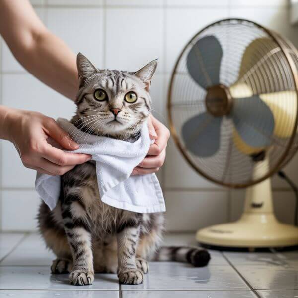 Chat rafraîchi avec un linge humide près d’un ventilateur pendant un épisode caniculaire
