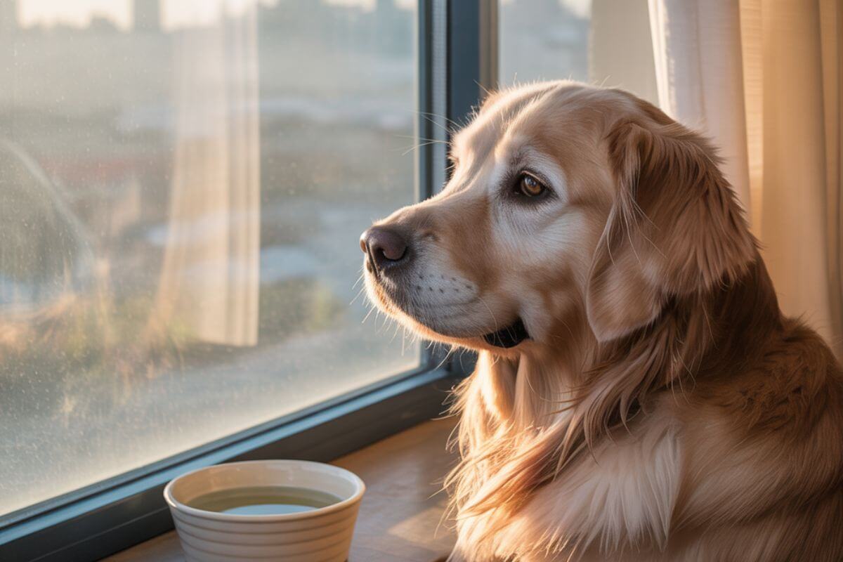 Chien regardant par la fenêtre d’un appartement, avec un ciel légèrement voilé à l’extérieur.