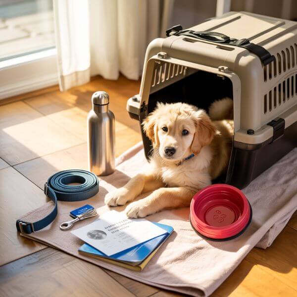 Chien assis à côté d’une caisse de transport ouverte, entouré d’un kit d’évacuation : gamelles, laisse, papiers, eau et serviette.