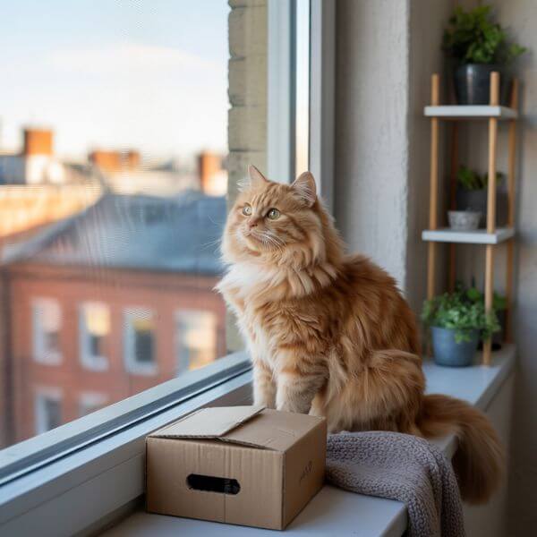 Chat assis sur un carton, observant l’extérieur depuis le rebord d’une fenêtre fermée en ville.