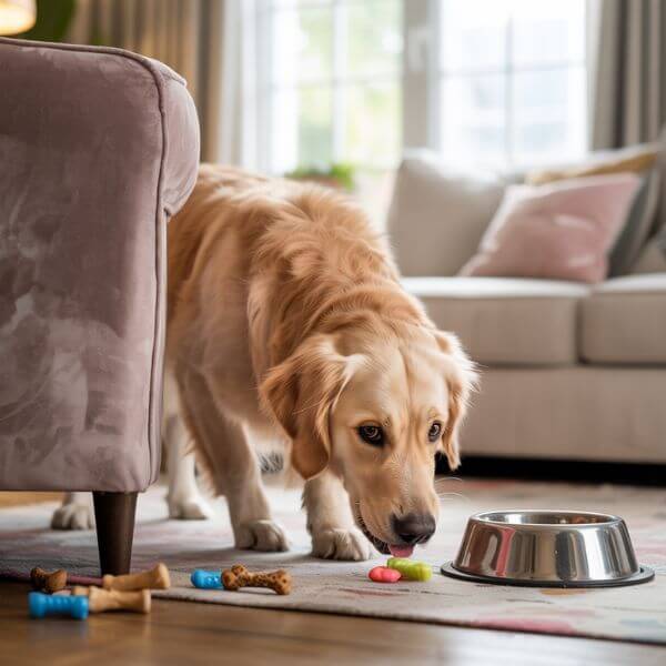 Chien reniflant le sol d’un salon, à la recherche de friandises cachées, lors d’un jeu de flair intérieur.