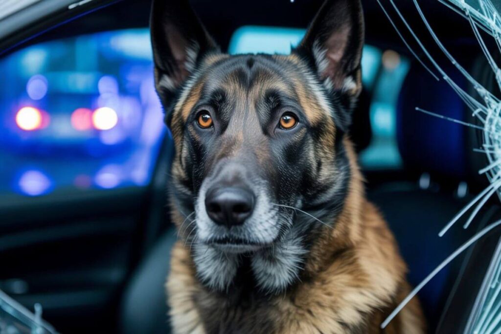 Chien dans une voiture, regard inquiet à travers une vitre brisée, scène d’interpellation tendue