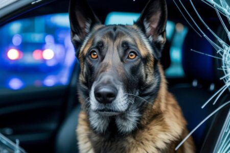 Chien dans une voiture, regard inquiet à travers une vitre brisée, scène d’interpellation tendue