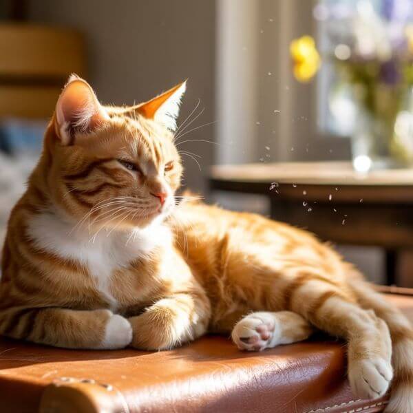 Chat roux assis au soleil sur une table, profitant calmement de la lumière du jour