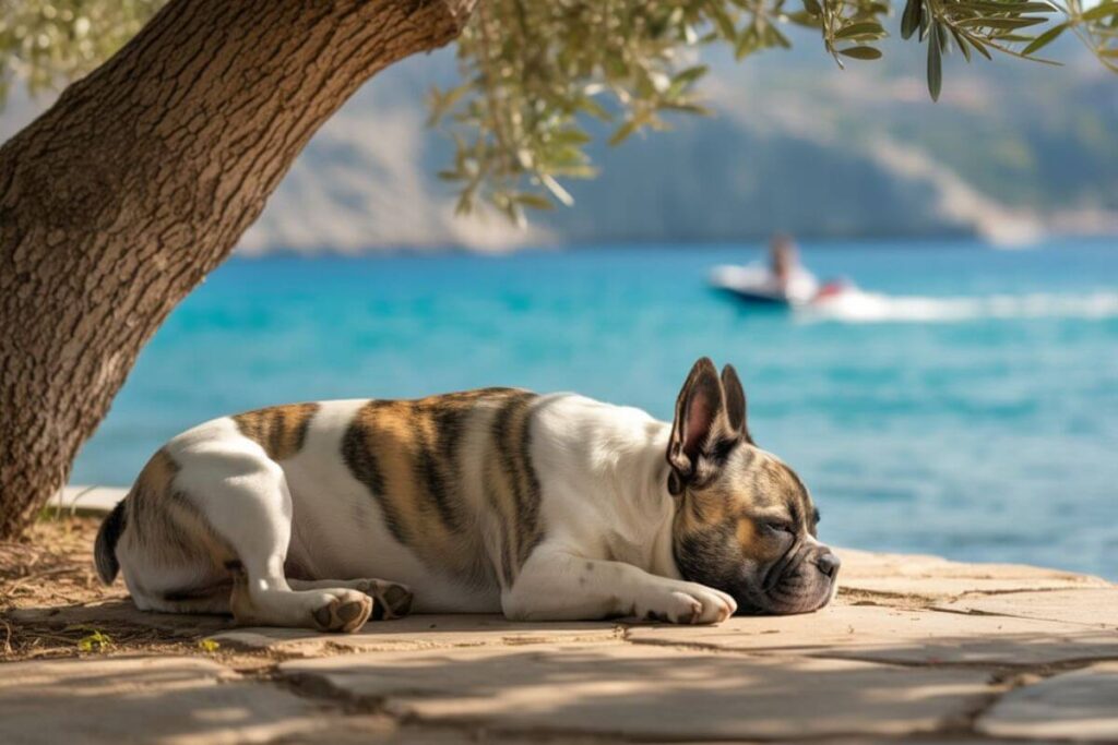 Chien couché à l’ombre d’un arbre avec un chat à ses côtés, face à la mer où passent des jetskis