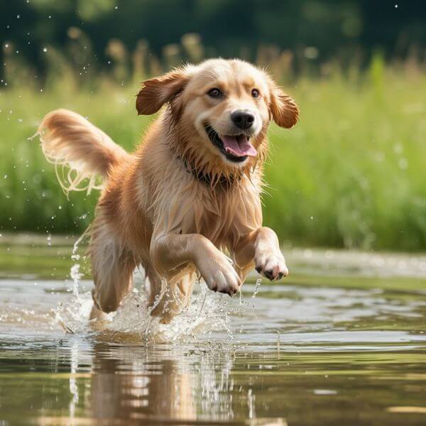 Chien golden retriever courant joyeusement dans l’eau pendant une journée ensoleillée