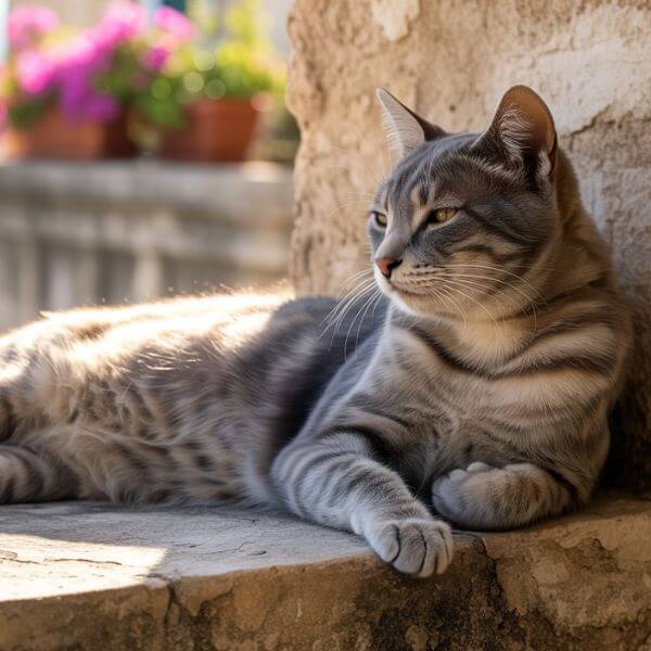 Chat tigré allongé paisiblement au soleil sur une terrasse en pierre
