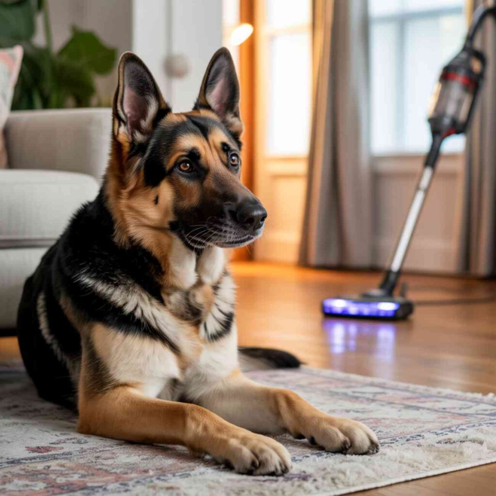 Chien allongé calmement sur un tapis pendant que l’aspirateur fonctionne au loin pour désensibiliser progressivement au bruit.