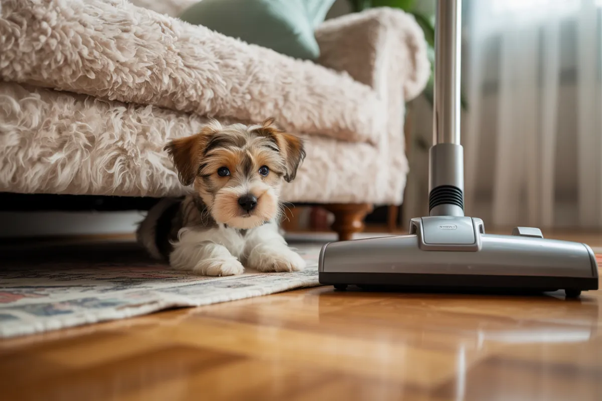 Petit chien caché sous un canapé observant un aspirateur pour illustrer comment désensibiliser un chien au bruit de l’aspirateur.