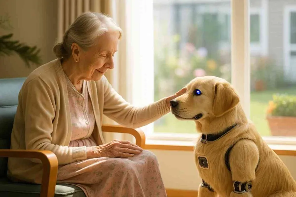 Une femme âgée souriante assise dans un fauteuil caresse la tête d’un chien robot recouvert de poils dorés ressemblant à un labrador, avec des yeux lumineux bleus, dans une chambre claire et chaleureuse.