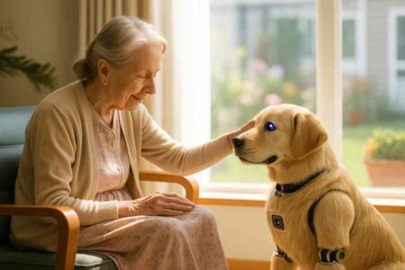 Une femme âgée souriante assise dans un fauteuil caresse la tête d’un chien robot recouvert de poils dorés ressemblant à un labrador, avec des yeux lumineux bleus, dans une chambre claire et chaleureuse.