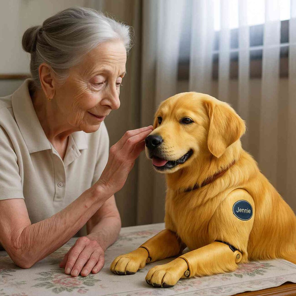 Une femme âgée aux cheveux gris touche doucement la tête d’un chien robot à fourrure réaliste de labrador, reposant sur une table, avec des articulations mécaniques visibles et un badge marqué Jennie.